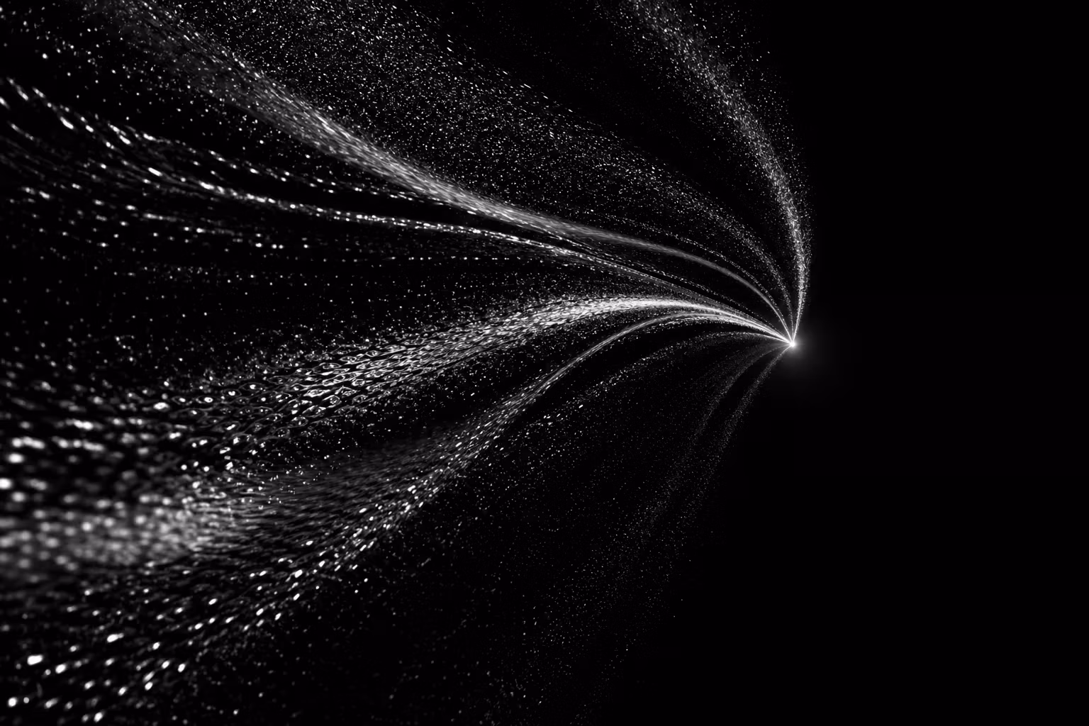 Streams of metallic particles converging toward a single point of light on black
