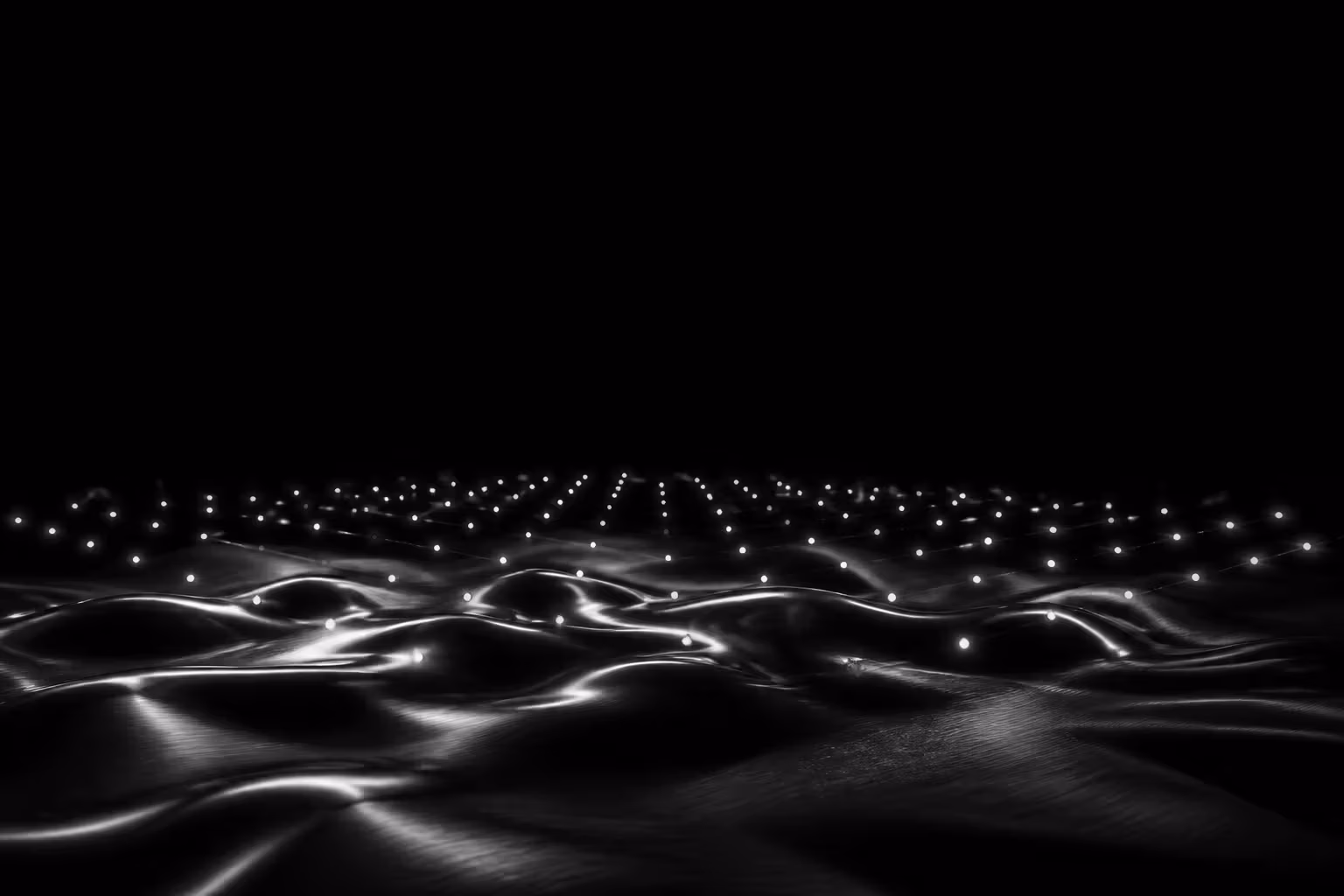 Glowing measurement points hovering over a dark liquid-metal surface
