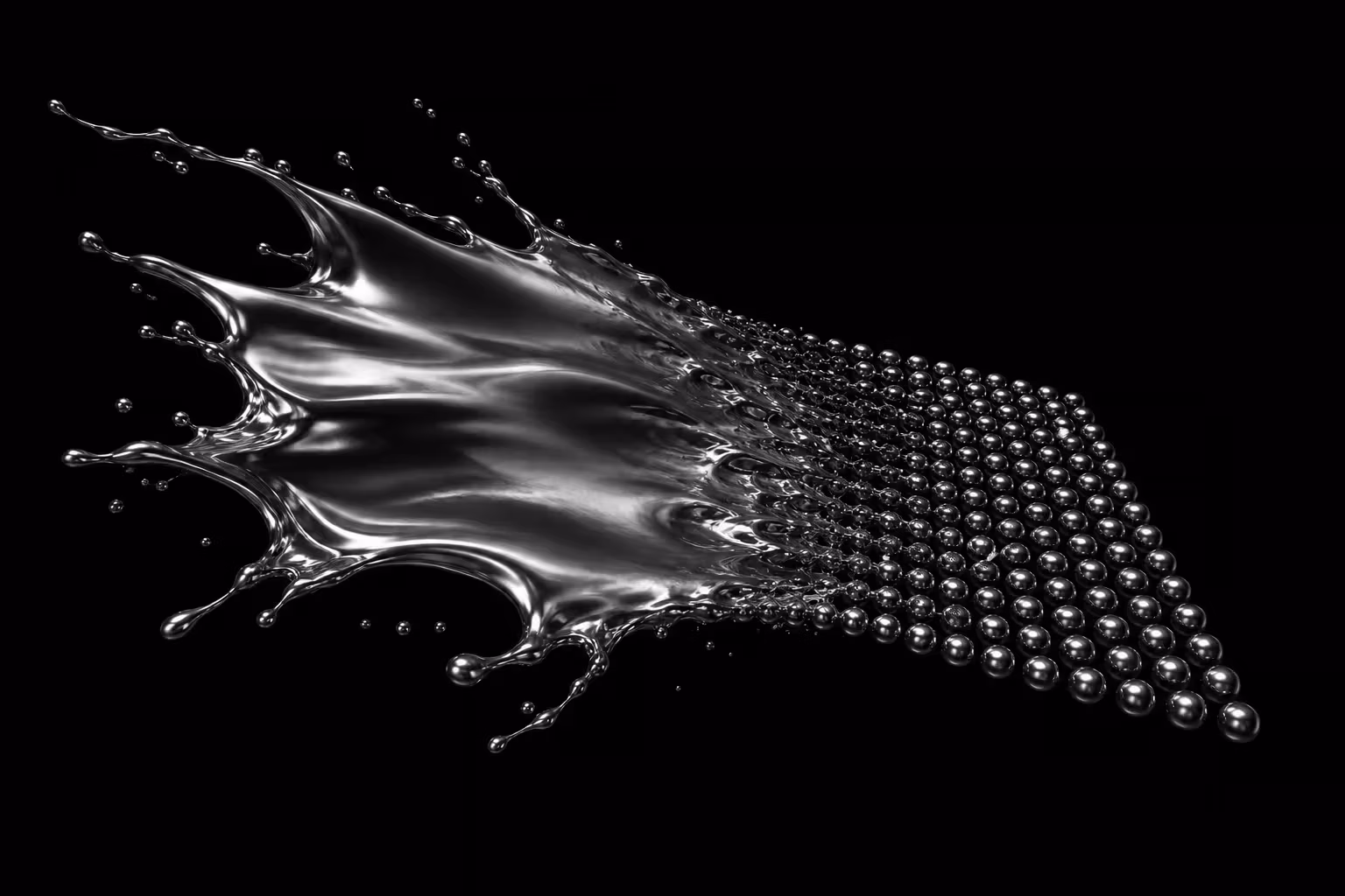 Liquid chrome splash freezing into an ordered grid of spheres on black
